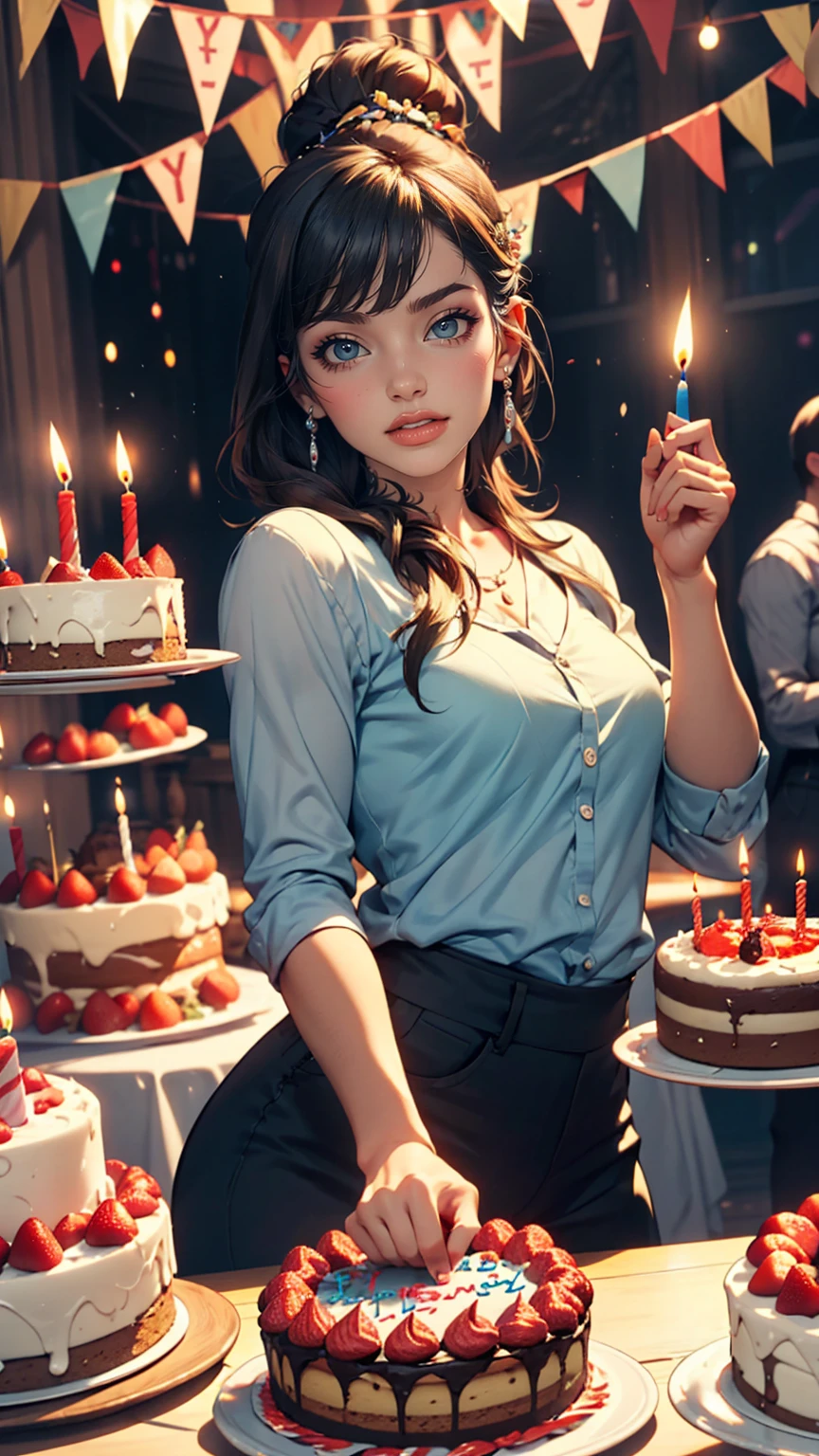 4〜6 people々A fun birthday party scene with lots of people, cake, Candles and Disney「Frozen」Anna is standing in the background, Celebration style, Detailed depiction of the characters' facial structures, Bright colors overall, candles on the cake, Charles M. Schultz