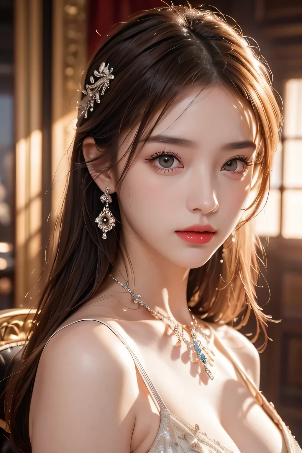 High-quality work，Realistic works，Super premium graphics，8K HD CG works，high quality graphics，High-definition and exquisite CG works，10x pixels，Ultra-fine details：1.1，Advanced technical details：1.1Realistic photo effects，Interior lighting effects：1.5，natural soft light：1.5. Light effect（Virtual light effects：1.8），ultra high resolution，shining dress，sliver long hair，silber hair，transparenthair，high detailed hair（Quality hair details：1.1）Clear eyes，Double eyelids look good，Sharp eye makeup, Create exquisite eyelash makeup, tthin eyebrows, Ultra-detailed eyes，a tall nose, lovely red lips, rosey cheeks, With delicate makeup on her face , pretty face, The face shape is perfectly proportioned,（Advanced facial details：1.1）Gentle and beautiful girl, (185cm美女), (fit), Imperial sister, Queen temperament, White skin, ((Long legs)), perfect facial features, Bright Eyes, Seductive pose, Red lips, Beautiful and cold (A major breakthrough)), Beautiful and heroic, Soft and long hair, Glittering, Lace, net, Visible through clear skin, wear glasses, diamond earrings, ruby neckLace, (Purple dress), 8K Image Quality, (Realistic Portraits), Characters fill the screen, (Facial lighting), ((eternal) ，Women's artwork，Dress full body video，Realism，Amazing Cleavage，My eyes are very bright today
