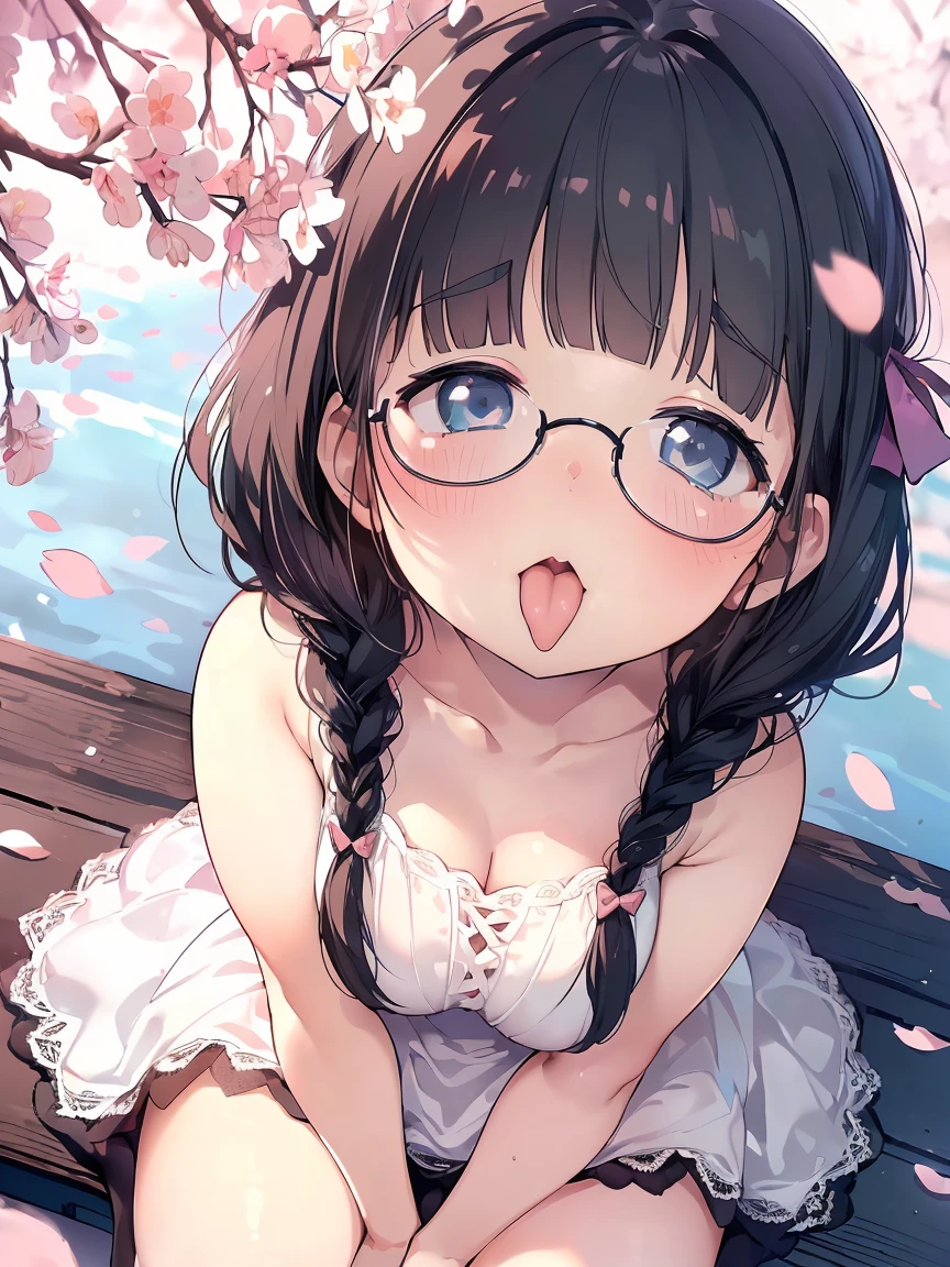 Very detailed, highest quality, High resolution, Moe Anime, ((A cute girl with black hair and droopy eyes leans forward)), ((Wearing large round glasses:1.4)), (Baby Face), Cute eyes, Detailed eye depiction, Sparkle in the eyes, View your viewers, Pale skin, (Big eyes:1.4, Droopy eyes:1.4) (Fatty face:1.8), Focus on the face, In the park with cherry blossoms falling, Sitting, (Extreme close up of tongue), (((From above:1.2))), (Open your mouth wide:1.5), (((Face only:1.3))), ((white lace sleeveless dress)), Bright Eyes,  (Put your hands between your legs:1.4), large and long tongue, Cleavage, Braided hairstyle, Pink ribbon