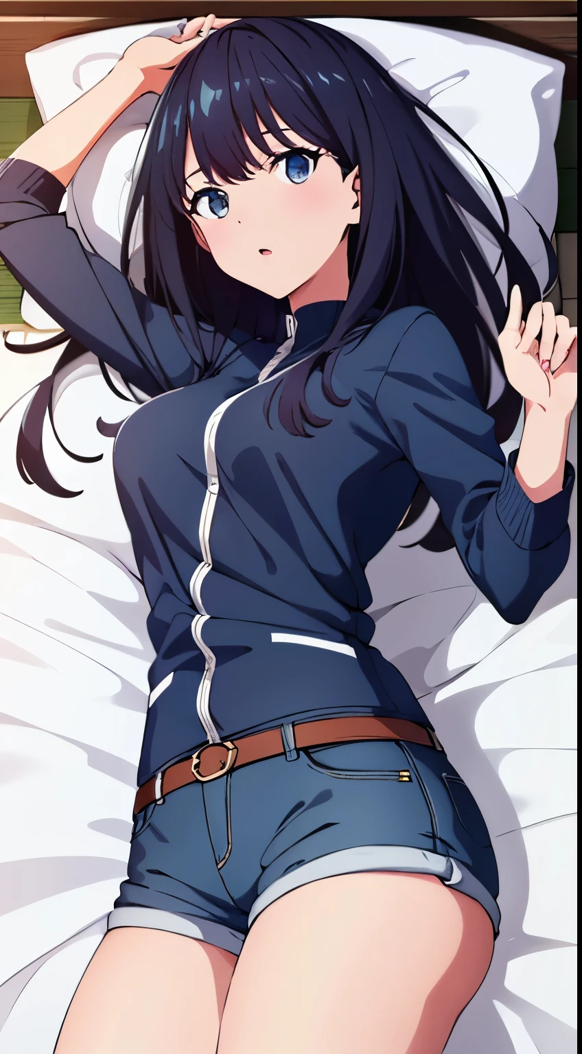 ((highest quality)),((Very detailed)),masterpiece,Anime art style,Absurd,One girl,((Dynamic pose)) , alone, Black Hair, young woman, Beautiful Fingers, Beautiful long legs, Beautiful body, Beautiful Nose, Beautiful character design, Perfect eyes, Perfect face, Perfect hands, Expressive eyes, Perfect balance, Medium breast,(inner,hot pants,bed,Lie),View your viewers, In the center of the image,Cowboy Shot,