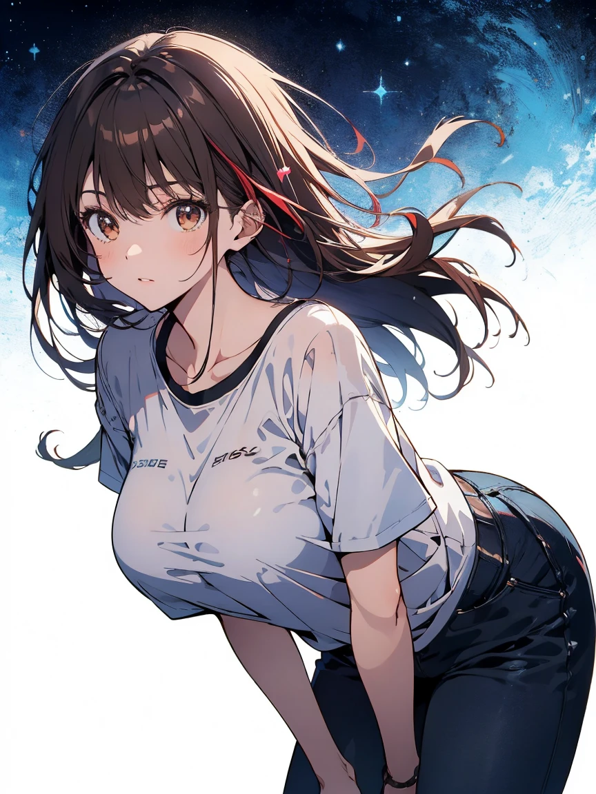 delicate colors, bright colors, beautiful, downblouse, loose t-shirt, leaning forward, brown hair, long hair, leaning forward, loose t-shirt, downblouse, illustration, cowboy shot, anime, UHD, masterpiece, high quality