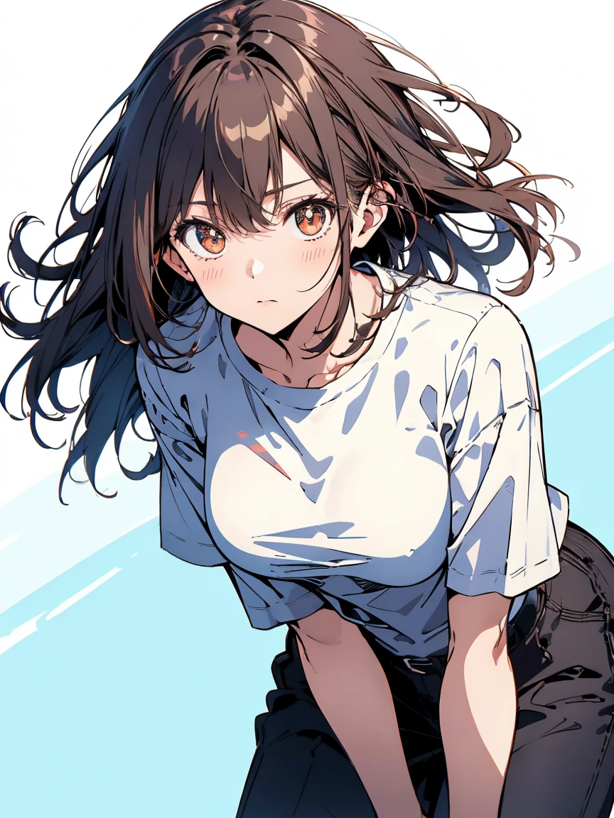 delicate colors, bright colors, beautiful, downblouse, loose t-shirt, leaning forward, brown hair, long hair, leaning forward, loose t-shirt, downblouse, illustration, cowboy shot, anime, UHD, masterpiece, high quality