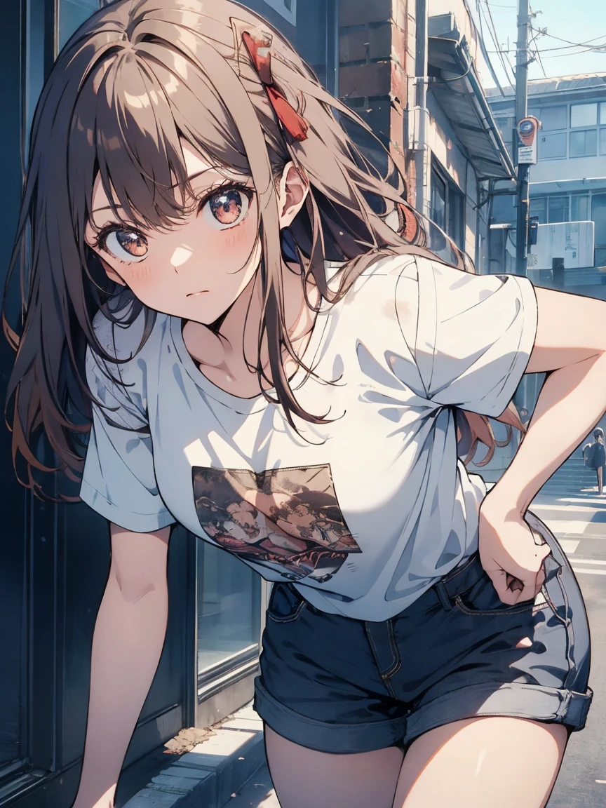 delicate colors, bright colors, beautiful, downblouse, loose t-shirt, leaning forward, brown hair, long hair, leaning forward, loose t-shirt, downblouse, illustration, cowboy shot, anime, UHD, masterpiece, high quality