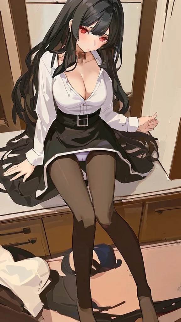Beautiful girl with long black hair,,cleavage,underwear,shirt,,pantyhose,indoor