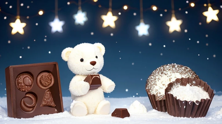 Under the starry winter sky、A cute white bear、Holding the chocolate preciously
