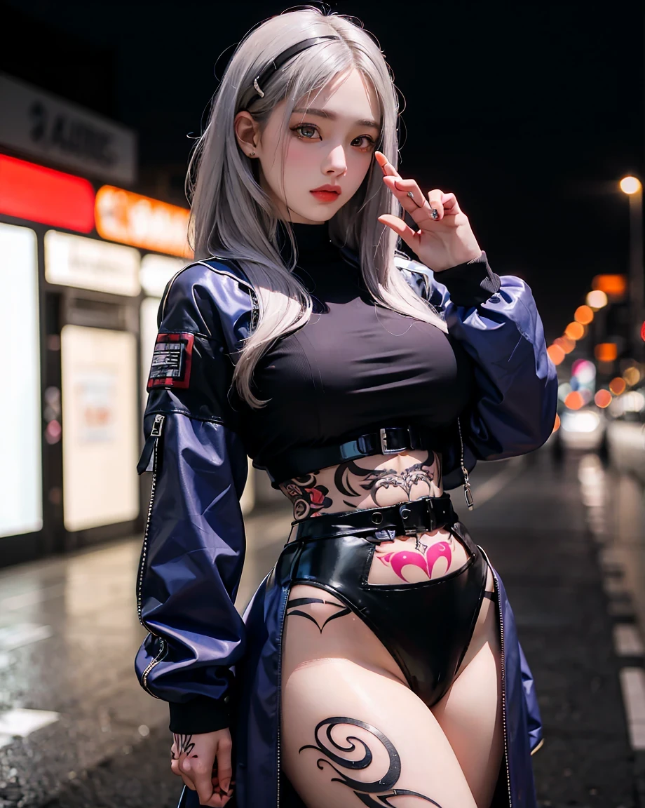 One girl, Gray Hair, Long Hair, Techwear masterpiece, highest quality, Realistic, realism, Dark purple jacket, Portraiture, Fine grain, , Platinum Hair, 21 year old girl, Fashion pose, Half Body, Wide shot, on the road, cyber punk,(((He has many tattoos all over his body)), (((Tight waist))), ((Big Breasts)),(See-through),panties