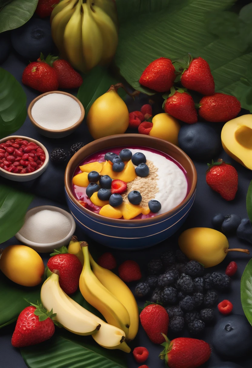 Create a vibrant digital illustration,Depicting a traditional Pará landscape,Focus on a bowl of acai berries。, A popular dish from the northern region of Brazil. Illustrations should be semi-realistic or 3D. Very creamy acai. Surround the environment with various fruits, banana, strawberry, flour, Granola. Capture the vibrant colors and textures of items