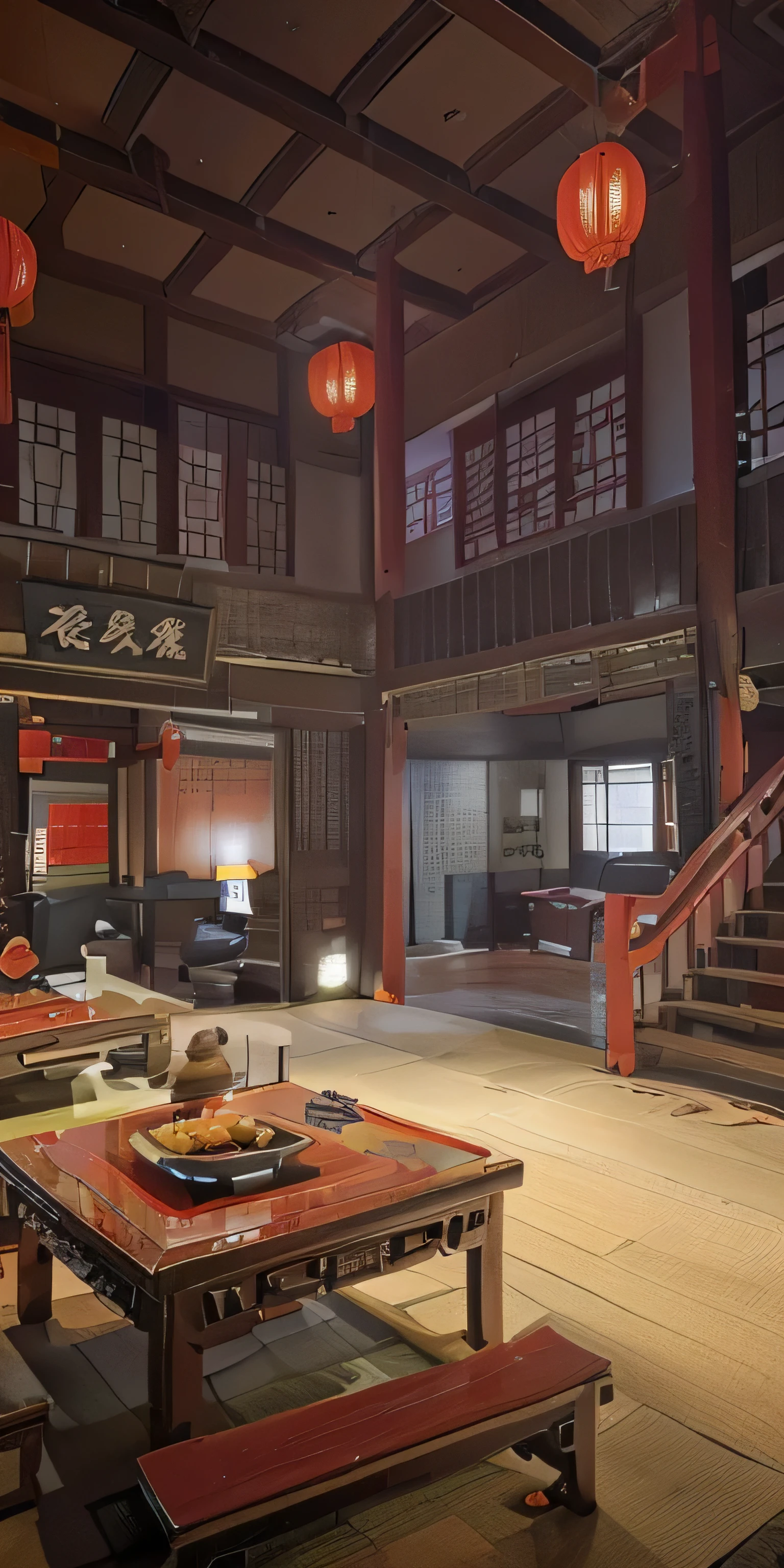 view of the room seen through two open chinese style red old doors. room with many red lanterns show, Cyberpunk Chinese Ancient restaurant with delicious chinese food on the table, Beautiful rendering of the Tang Dynasty, red and orange lightings