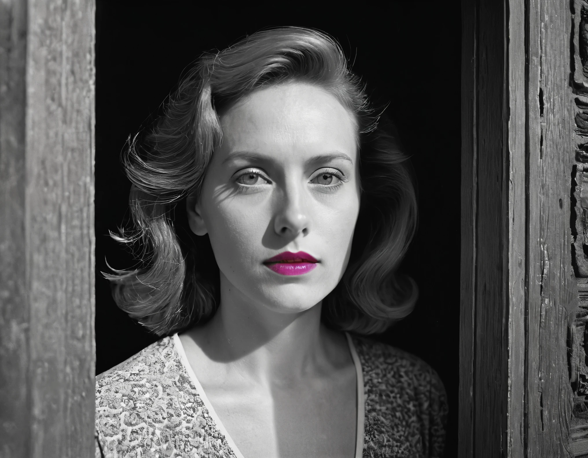 total b/w (film inversion:1.3) negative image close-up portrait of a woman in doorway, haunting, (light areas appear dark and vice versa). A negative image is additionally color-reversed, with red areas appearing cyan, greens appearing magenta, and blues appearing yellow, and vice versa. invert image, negative film inversion, black and white negative,