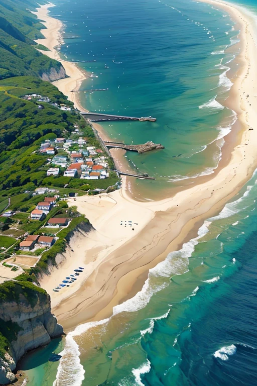 (obra de arte, Maximum quality: 1.1), Aerial view, assimetria, mar azul, low tide, onda do mar, sea route, estrada costeira, praia arenosa, concha, cais, iate, barco, despertar do navio, shipwreck, vaporizador, rastro, car, turista, farol, gaivota , horizon, vento, Summer, tem, Morning, ensolarado, nuvem, calm, ar fresco, profundidade de campo