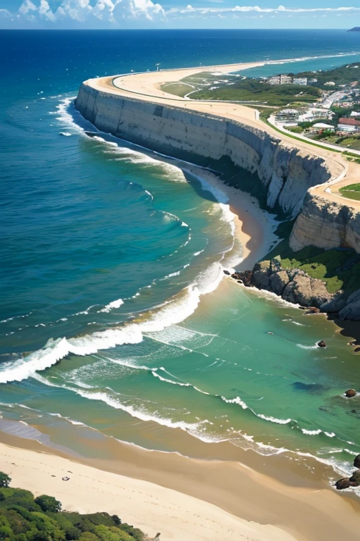 (obra de arte, Maximum quality: 1.1), Aerial view, assimetria, mar azul, low tide, onda do mar, sea route, estrada costeira, praia arenosa, concha, cais, iate, barco, despertar do navio, shipwreck, vaporizador, rastro, car, turista, farol, gaivota , horizon, vento, Summer, tem, Morning, ensolarado, nuvem, calm, ar fresco, profundidade de campo