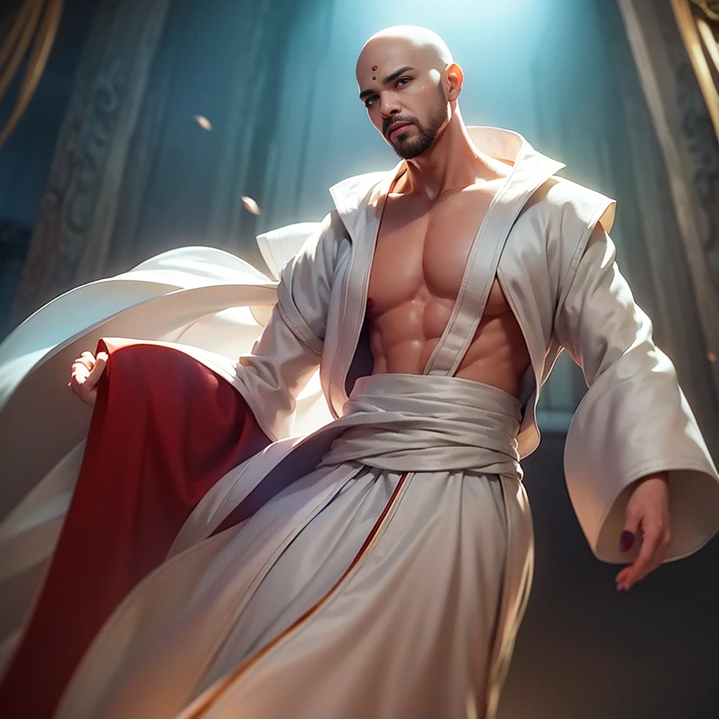 ((Masterpiece)), HD clarity, avatar, ((((number: 1 person, White Sleeves, Baldhead, robe)))),(((1 juvenile,Baldhead,Monk,The whole body,Tear mole:))),Cool feeling,Nature,peaceful,childish。Best quality,Masterpieces:1.4),Ultra-high resolution,Reality,forward lighting,Intricate details,Exquisite details and textures,solo,(when young),Facial highlights,Detail production,Tear mole,looking at the audience,big eyes,(hollow pattern,White,silk),earrings,Slim figure,VIP room,Professional lighting,Photon Mapping,Radiosity,Physically Based Rendering,