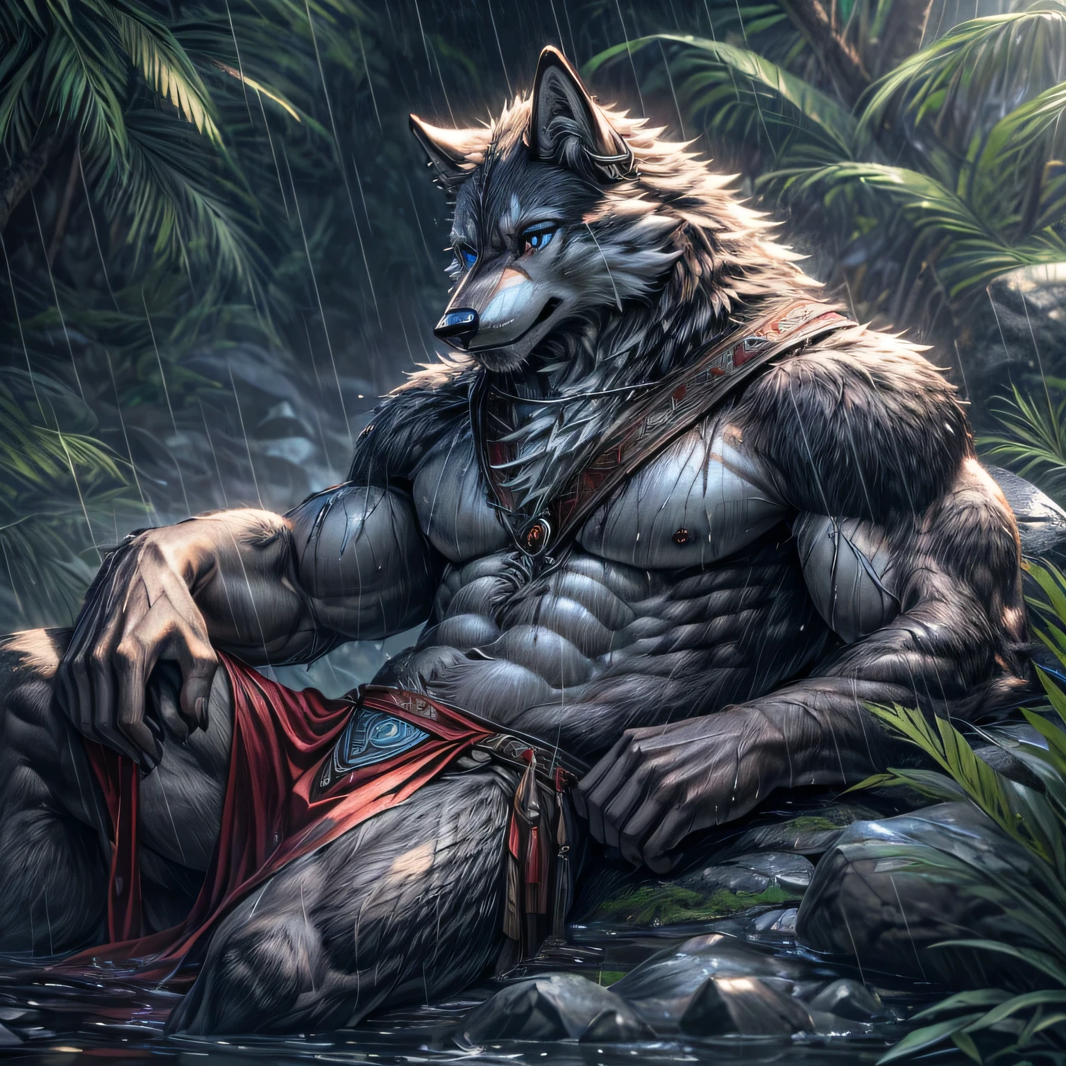 (a tall,muscular,slender grey wolf,piercing blue eyes,ugly loincloth,background:a raining jungle, only the grey wolf lying on a rock, its fur with blood stains and wet, its face tired, its mouth open),(((no type of accessories or objects on his muscular body))),(((no covering of the chest and six pack of the grey wolf lying on the rock))),(best quality,4k,8k,highres,masterpiece:1.2),ultra-detailed,(realistic,photorealistic,photo-realistic:1.37),illustration,sharp focus,professional,vivid colors,portrait,cool hues,soft lighting.