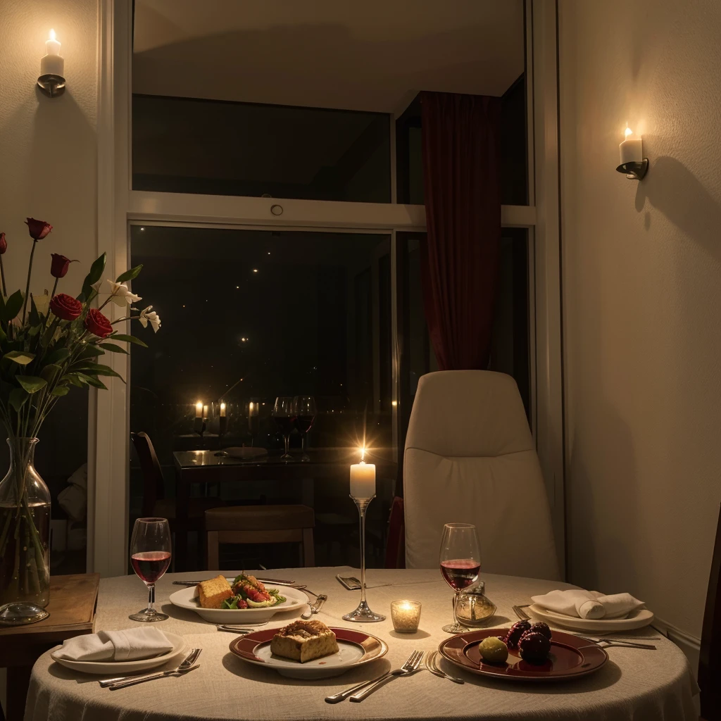 From now on you are a robot with the ability to analyze an image down to the smallest details.,descreva essa imagem para mim
edit
Mostrar rascunhos
volume_up Detailed Description of the Image:
General Scenario:
The image captures a romantic and cozy setting, with a table for two positioned in front of a large window that reveals a stunning view of the city at night. The soft lighting and intimate atmosphere invite the viewer to imagine themselves enjoying a special moment in this enchanting environment..
Elementos da Mesa:
Mesa: Uma mesa de madeira de tom escuro, with smooth and polished surface, ocupa o centro da cena. Its rectangular shape offers enough space to accommodate two plates, wine glasses and other utensils needed for a complete meal.
Pratos: Dois pratos brancos, de tamanho similar, are positioned side by side on the table. The smooth and elegant crockery suggests that the meal will consist of refined and well-prepared dishes..
Talheres: Um conjunto de talheres de prata, incluindo garfos, facas e colheres, is carefully arranged next to each plate. The impeccable arrangement of the cutlery indicates the attention to detail and care taken with the presentation of the table.
Wine glasses: Two clear crystal wine glasses rest on the table, filled halfway with an intense red liquid. A cor e a textura do vinho sugerem que se trata de um vinho tinto de alta qualidade, ideal to accompany a special meal.
Velas: A lit candle in a silver metal holder adorns the center of the table, casting a soft, cozy light over the room. The candle flame contributes to the romantic atmosphere of the scene and creates an intimate and inviting atmosphere..
Decoration: A single red flower, possivelmente uma rosa, is arranged in a small ceramic vase next to one of the wine glasses. A flor, classic symbol of love and passion