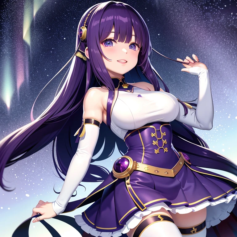 Magic Knight Purple long hair Sharp Eyes A costume with a flashy design Flashy decorations on clothes mini skirt Great style A gentle smile charisma Sharp Eyes