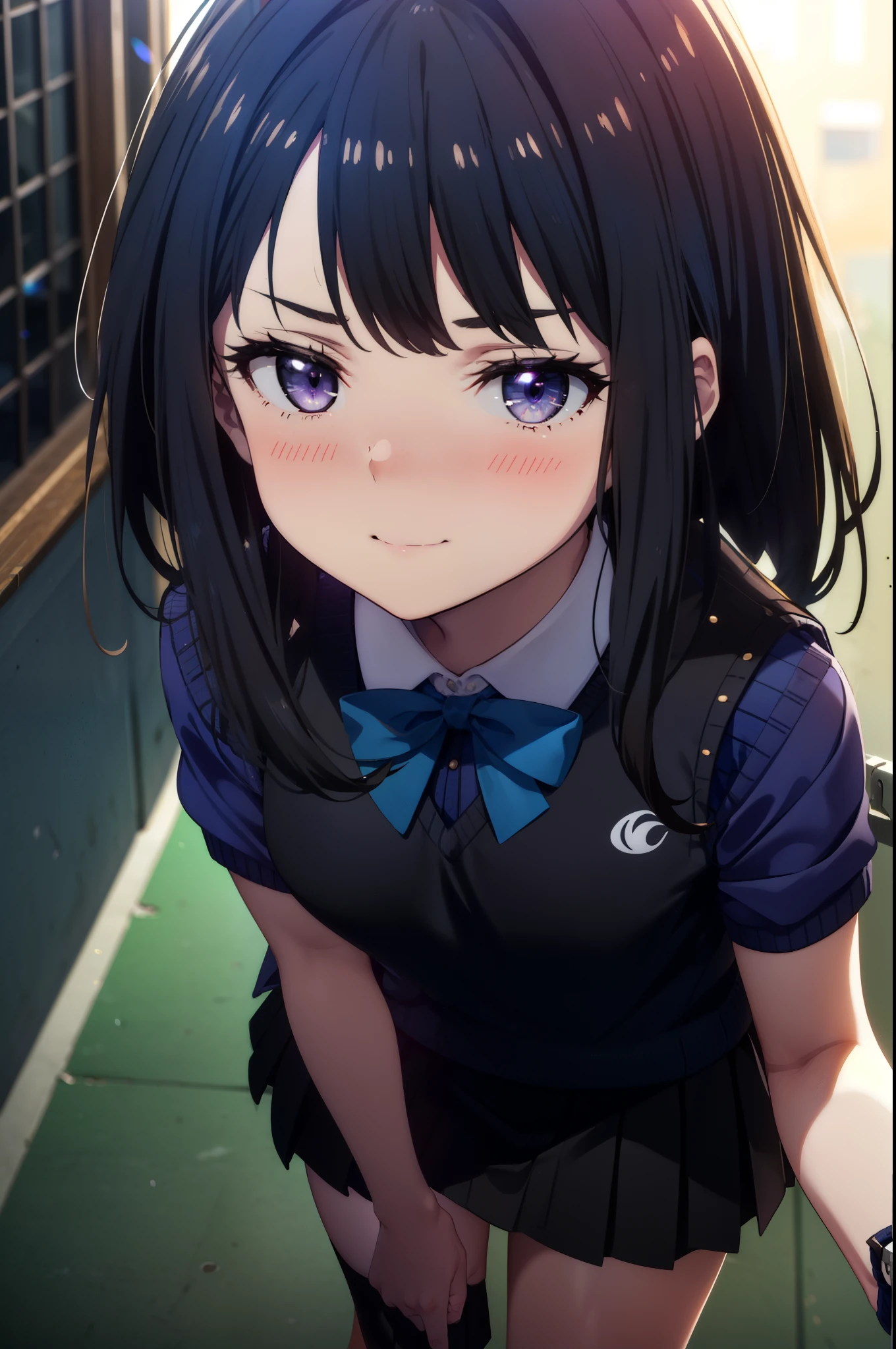 Takiuchi, Inoue Check, Long Hair, bangs, Black Hair, (Purple eyes:1.2),smile,blush,full body,
white yシャツ, Short sleeve, Pleated skirt, Collared shirt, mini skirt, Black pantyhose, (Black Skirt:1.5), Sweater vest, (blue Sweater vest:1.5),Brown Loafers,Daytime,sunny,walking,whole bodyがイラストに入るように, break looking at viewer whole body,
break indoors, School corridor,
break (masterpiece:1.2), highest quality, High resolution, unity 8k wallpaper, (shape:0.8), (Beautiful details:1.6), Highly detailed face, Perfect lighting, Extremely detailed CG, (Perfect hands, Perfect Anatomy),