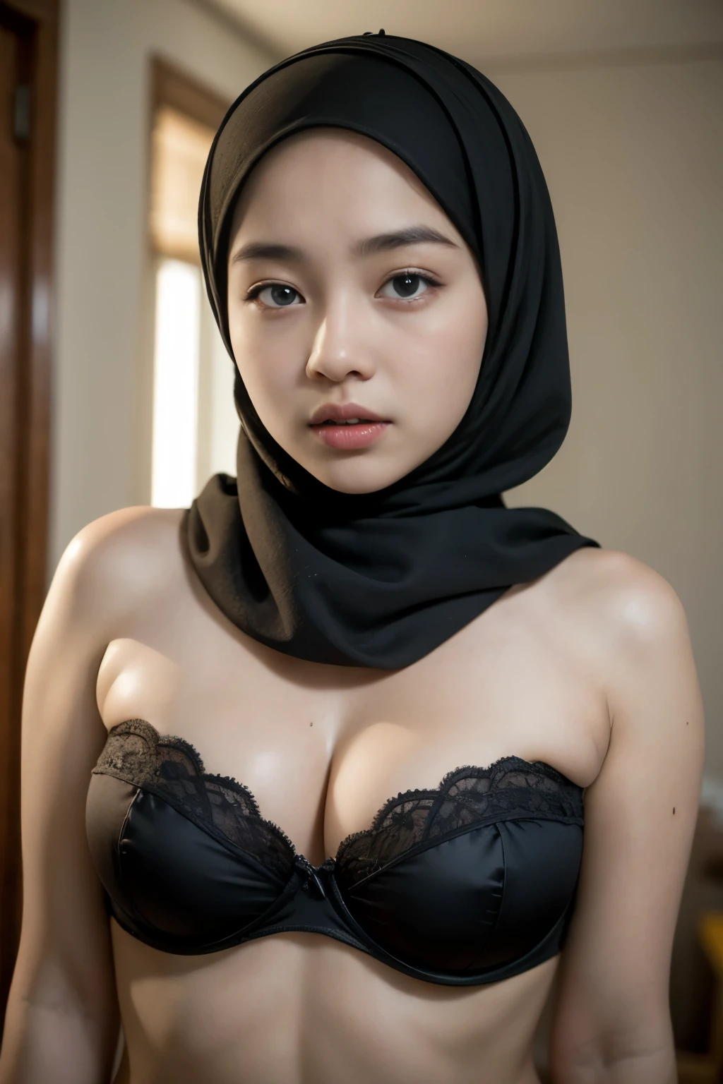 (((HIJAB))), CHUBBY FAT DARK SKIN GIRL WEARING STRAPLESS BRA
