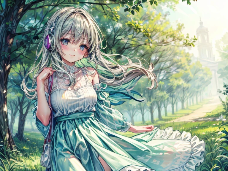 Beautiful and happy girl in 2D, listening to music in a grass and trees and the background that is blurred and that it is daytime with sun and relaxed atmosphere