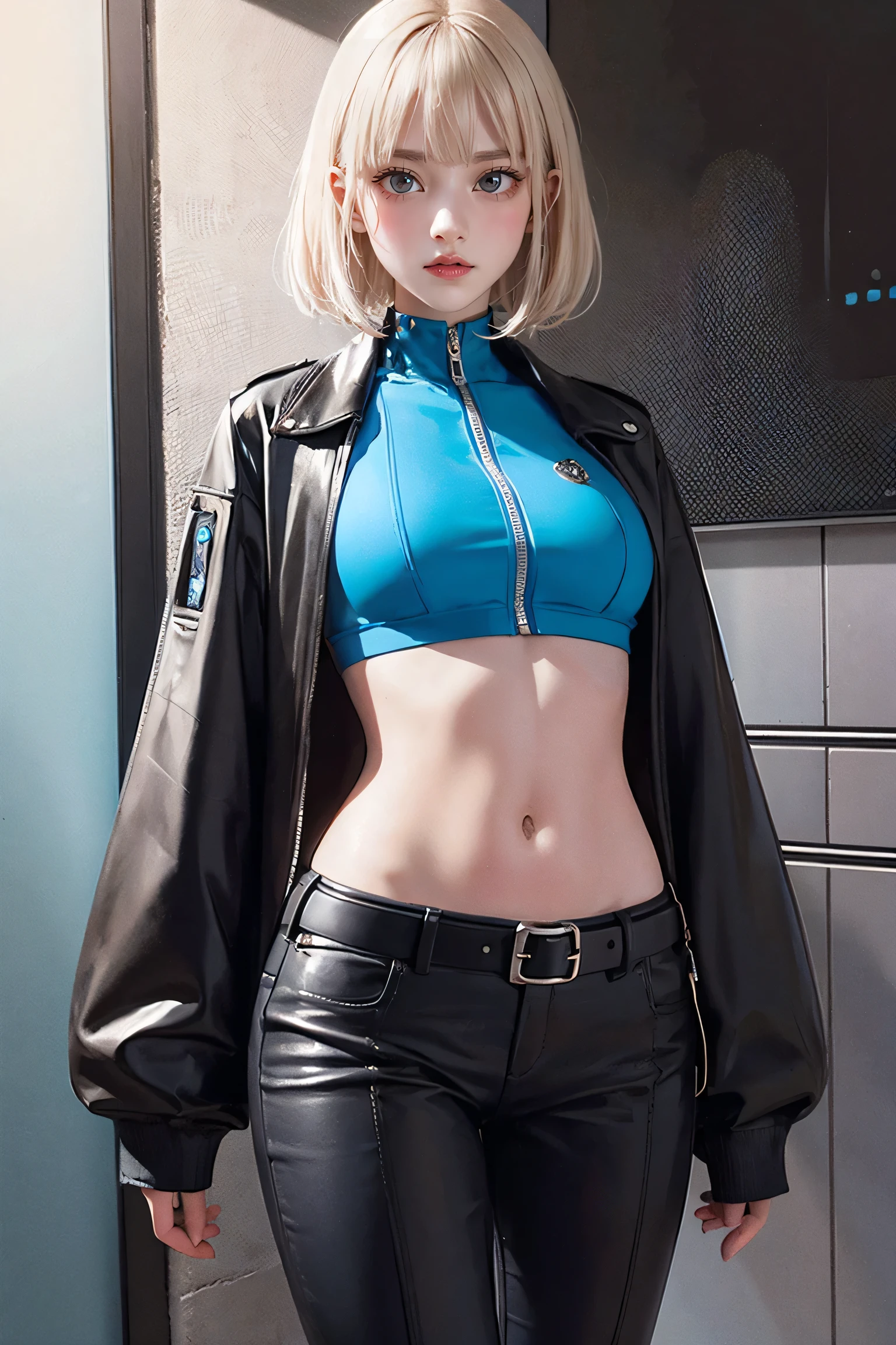 Lolita, smile, 20-year-old, ((highest quality)), ((masterpiece)), (High resolution:1.3), 3D, beautiful (cyber punk:1.3), Stylish woman looking at camera、Black leather clothing, No sleeve, Embarrassing, I can't see the skin on my lower back, Blue and black leather pants, Silver zipper,Belt below the waist,Ultra-fine illustrations,Blonde , Show your forehead, Silver Center Zipper, Leather Blue Black Bodysuit, No sleeveブルーブラック, Shiny, Blonde Ponytail