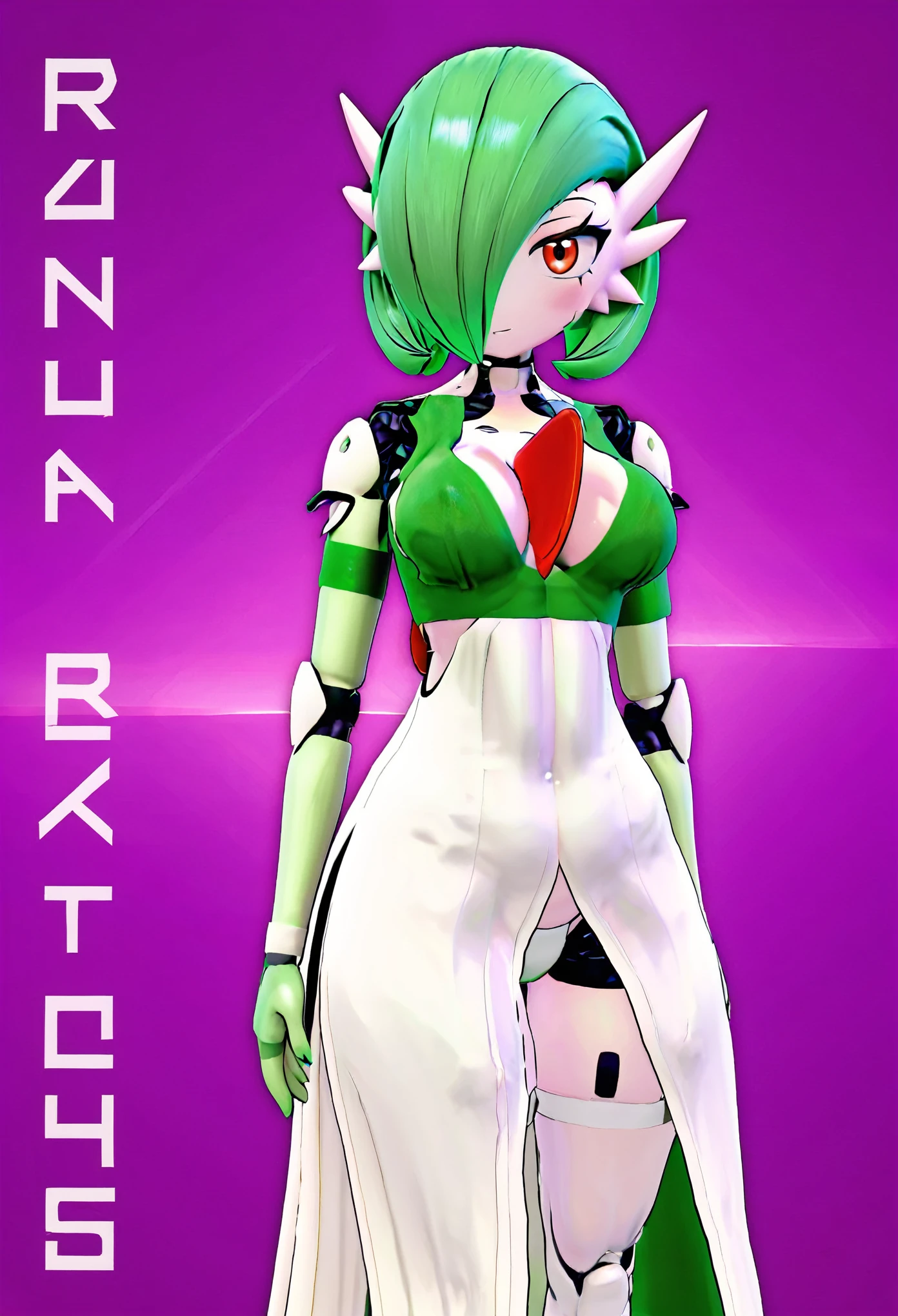(8k, RAW photos, top quality, masterpiece: 1.2), (High Quality), ray tracing, HDR, (High Details), (Face detail), (Shadow Detail), Runa/Luna, 3d, 3d render, Vrchat model, android, 1girl, solo, gardevoir, green hair, white dress, cleavage, chest spike, woman, sexy, detailed, extreme detail, perfect lighting, 4k, vivid colors, green top, red eyes,