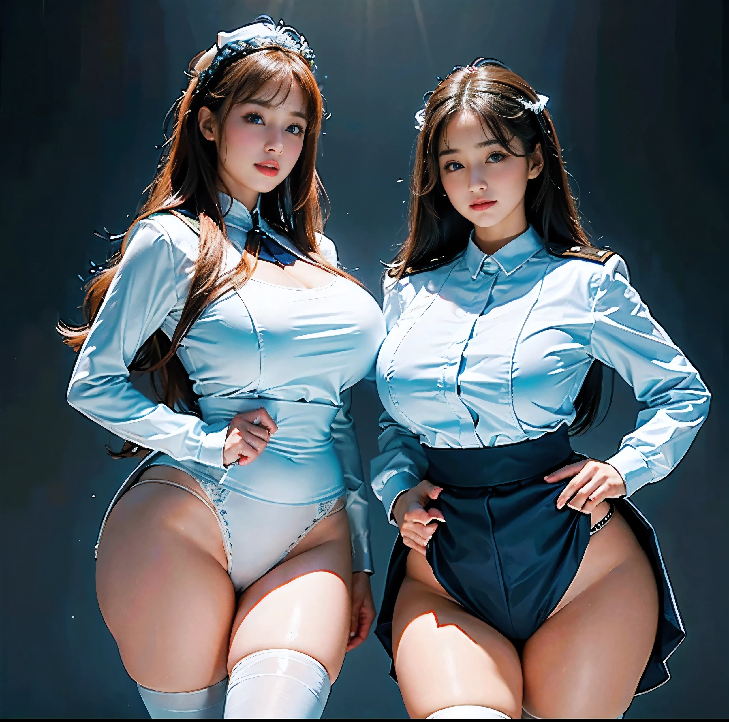 Highest quality, 8K quality, Masterpiece, Two busty women standing side by side, (Super big breasts compressed by clothes:1.2), Whitening skin, Sparkling Blue Eyes, Sailor collar mini uniform, Above the knee, Skirtliftv1, (Protruding and accentuated booty), Super big breasts in a frontal view, (White panties), grabbing own ass