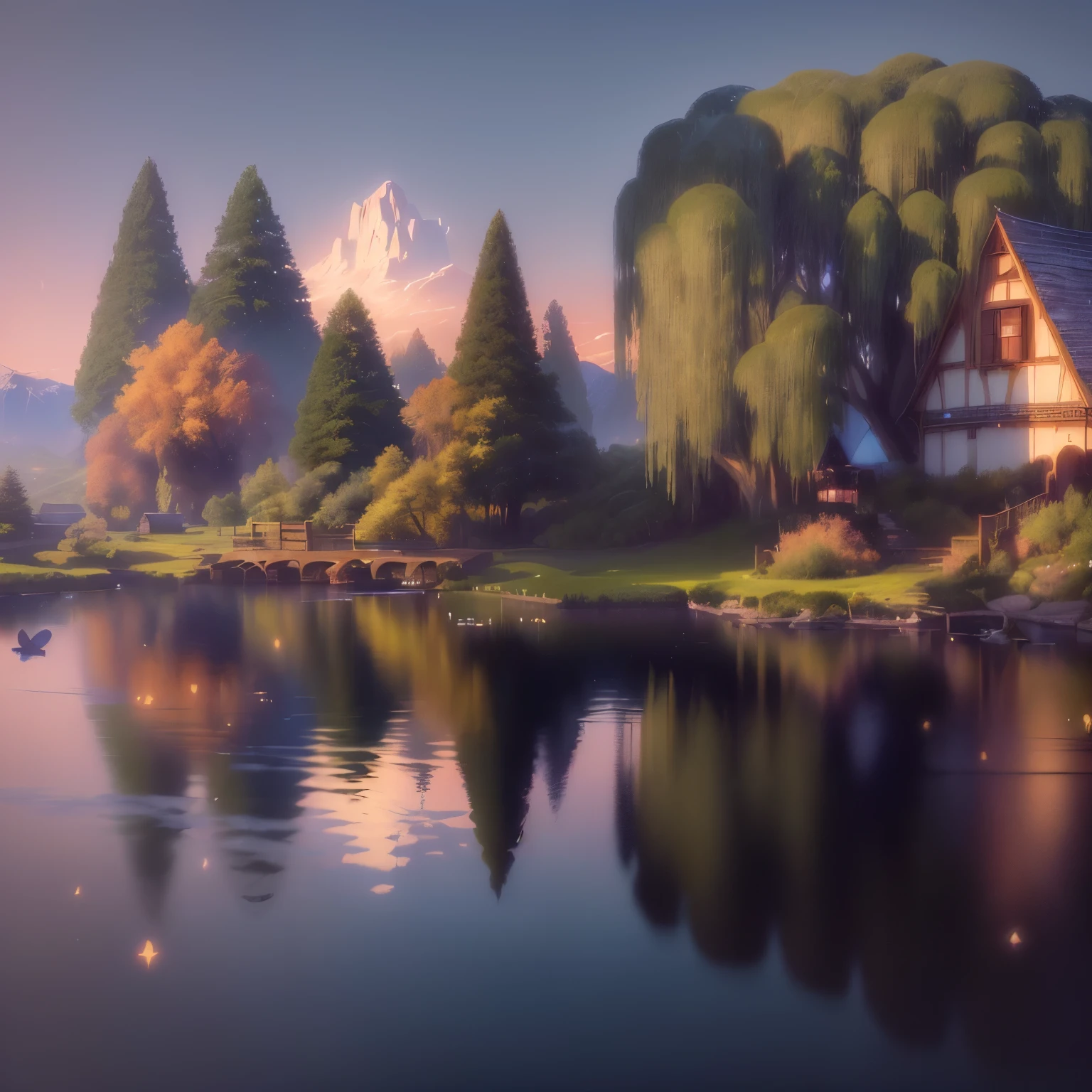 A painting with a small lake、A house and a tree, background technologywork, Fairy tale style background, background technology, anime rural scenery, Beautiful fairy tale, beautiful Lake Background, Whimsical fantasy landscape art, Detailed scenery —width 672, Animation stills, magical sparkling lake, Realistic establishing shots, Stylized as 3D rendering, Lake Background