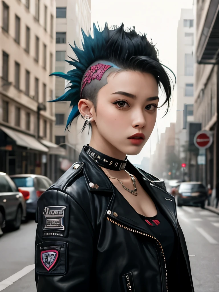 1girl, punk, mohawk, street, arrogant