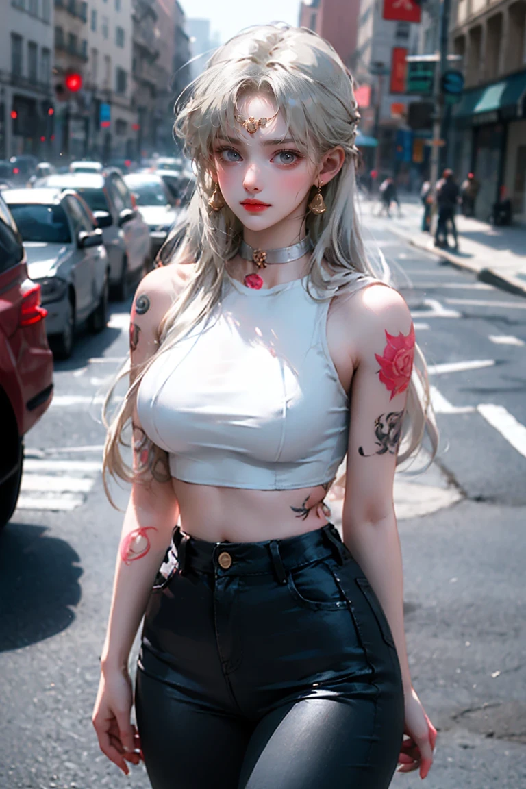 Beautiful female college student in the city,masterpiece,light makeup,Red Lip,Silver Hair,Disheveled long hair,Street Background,Grace,grace。Ultra-fine detailasterpieces,Authentic texture,Realism in film lighting,Perfect piece,8k,KHD,Delicate facial features,White skinny turtleneck top,Slim figure,Big bright eyes,Smooth skin,ear discharge,Choker Necklace,(((He has many tattoos all over his body)), (((Tight waist))), ((Big Breasts)),(See-through),panties