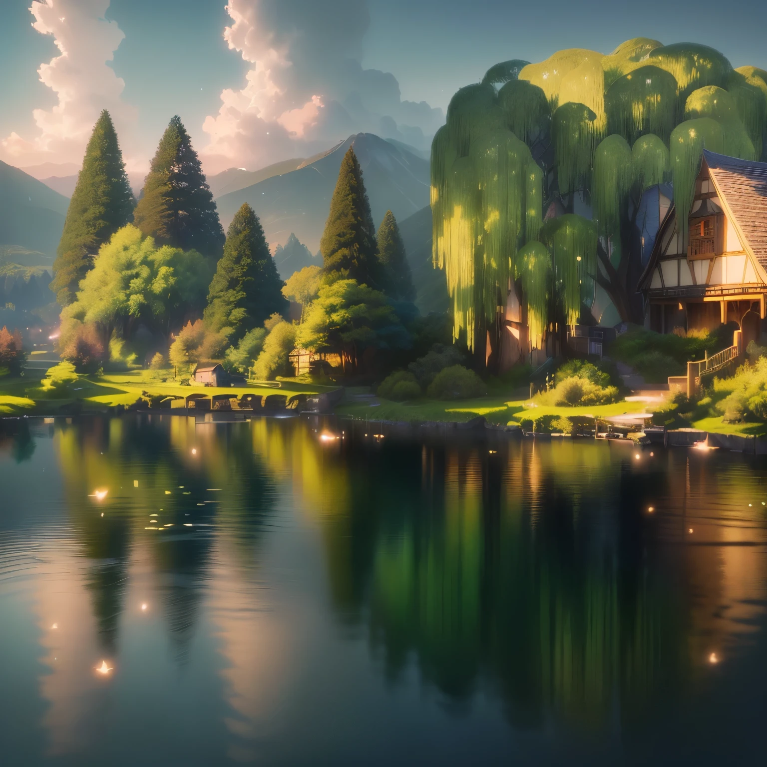 A painting with a small lake、A house and a tree, background technologywork, Fairy tale style background, background technology, anime rural scenery, Beautiful fairy tale, beautiful Lake Background, Whimsical fantasy landscape art, Detailed scenery —width 672, Animation stills, magical sparkling lake, Realistic establishing shots, Stylized as 3D rendering, Lake Background