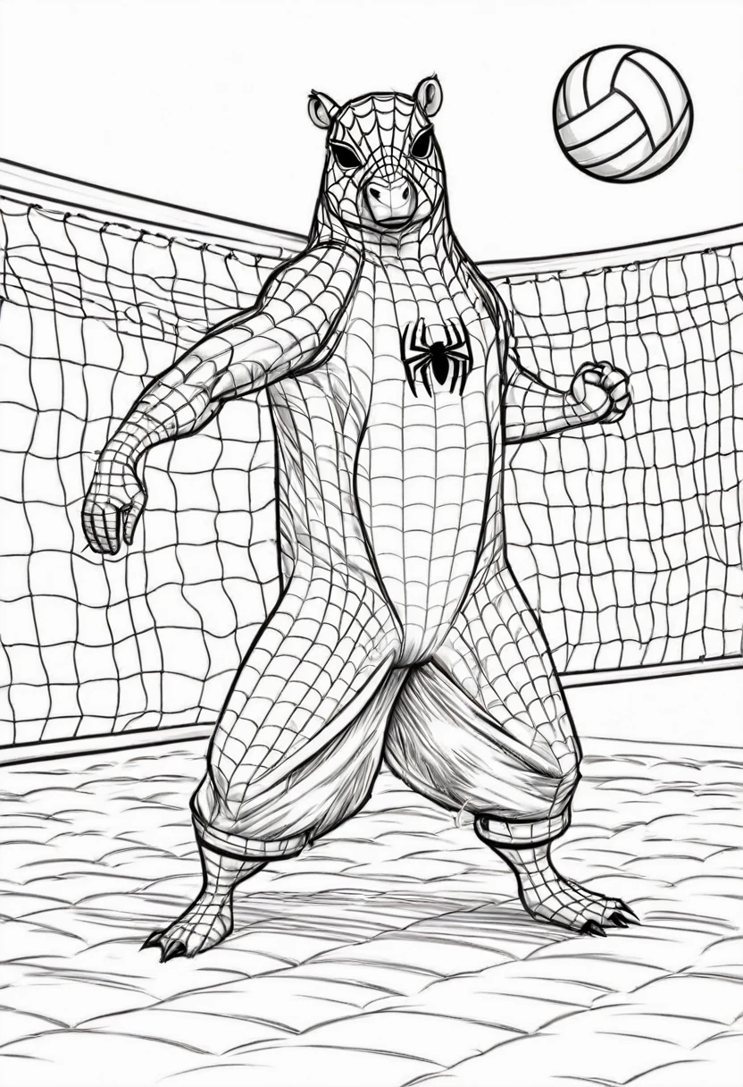 Capybara with spiderman suit that does not cover the head of the animal playing volleyball. Que sea un dibujo animado, I don&#39;t want realistic images
