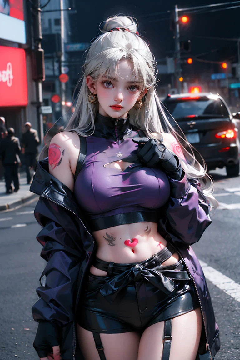 One Girl, Gray Hair, Long Hair, Techwear masterpiece, highest quality, Realistic, Dark purple jacket, Portraiture, fine grain, Platinum Hair, 21 year old girl, Fashion pose, Half Body, Wide Shot, on the road, cyber punk,(((He has many tattoos all over his body)), (((Tight waist))), ((Big Breasts)),(See-through),panties