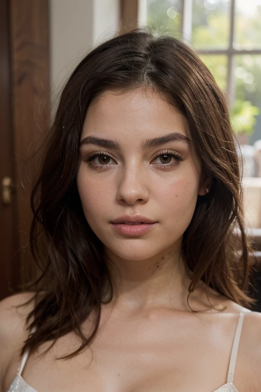 Un gros plan d'une femme debout devant une fenêtre, avec un magnifique visage d'origine latina. Portrait de Sophie Mudd avec des traits captivants et attirants, semblable à un portrait de Demi Rose. La femme est splendide, rappelant Violette Myers, avec une peau olive impeccable et légèrement plus foncée. Ses yeux sont grands, dark brown and expressive, framed by thick eyebrows. Her lips are full and naturally pink. She has a tanned complexion typical of Latinas, with a slightly round face and defined jawline. His expression is serene and thoughtful, showcasing its natural beauty. The background is softly lit by natural light coming from a window, creating a warm and serene atmosphere