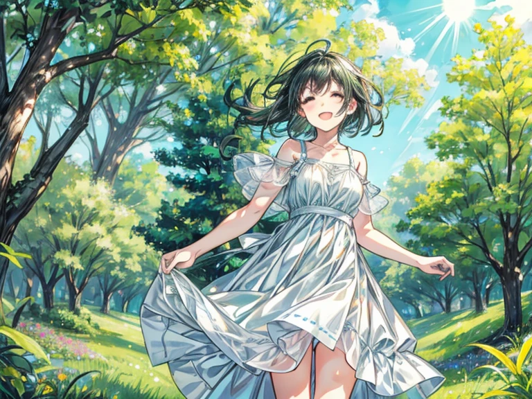 Beautiful and happy girl in 2D, listening to music in a grass and trees and the background that is blurred and that it is daytime with sun and relaxed atmosphere