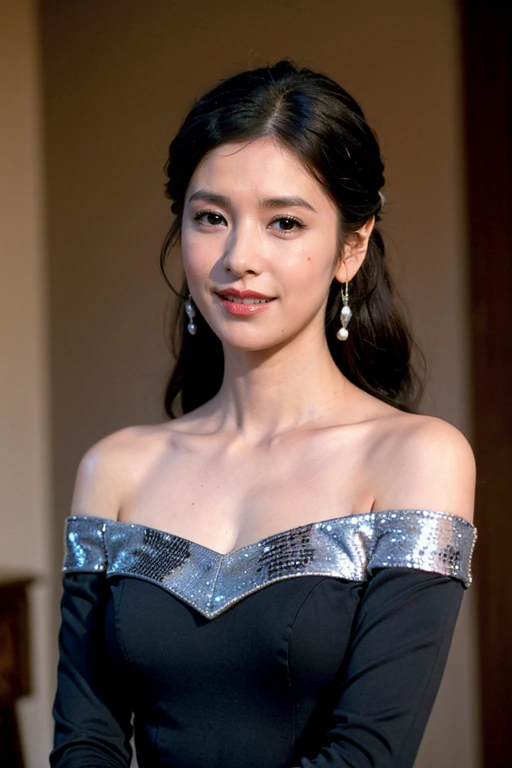 ((highest quality、8k、masterpiece:1.3))、Photorealistic, Sharp focus, high resolution, High resolution,Portraiture, one person、Japanese、woman, beautiful woman, (((black　Off the shoulder　 dress)))、30 years old, Plump, Medium Long Hair,smile