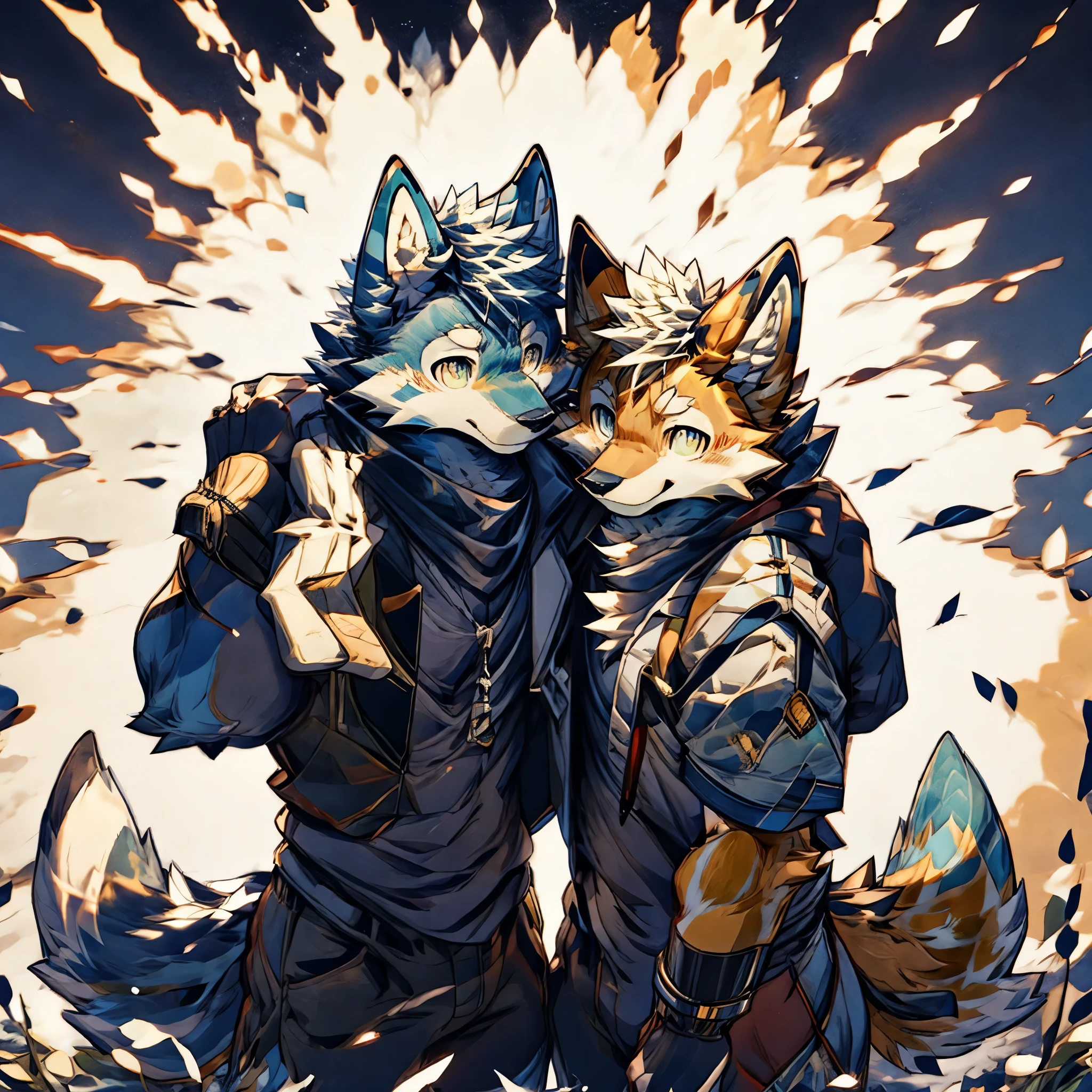 masterpiece,High quality,furry,(blue wolf and his friends yellow fox),hug,cute,grassland,night,Meteor shower,starry sky,happy face,perfect background,Around 18 years old,Two persons,whole body