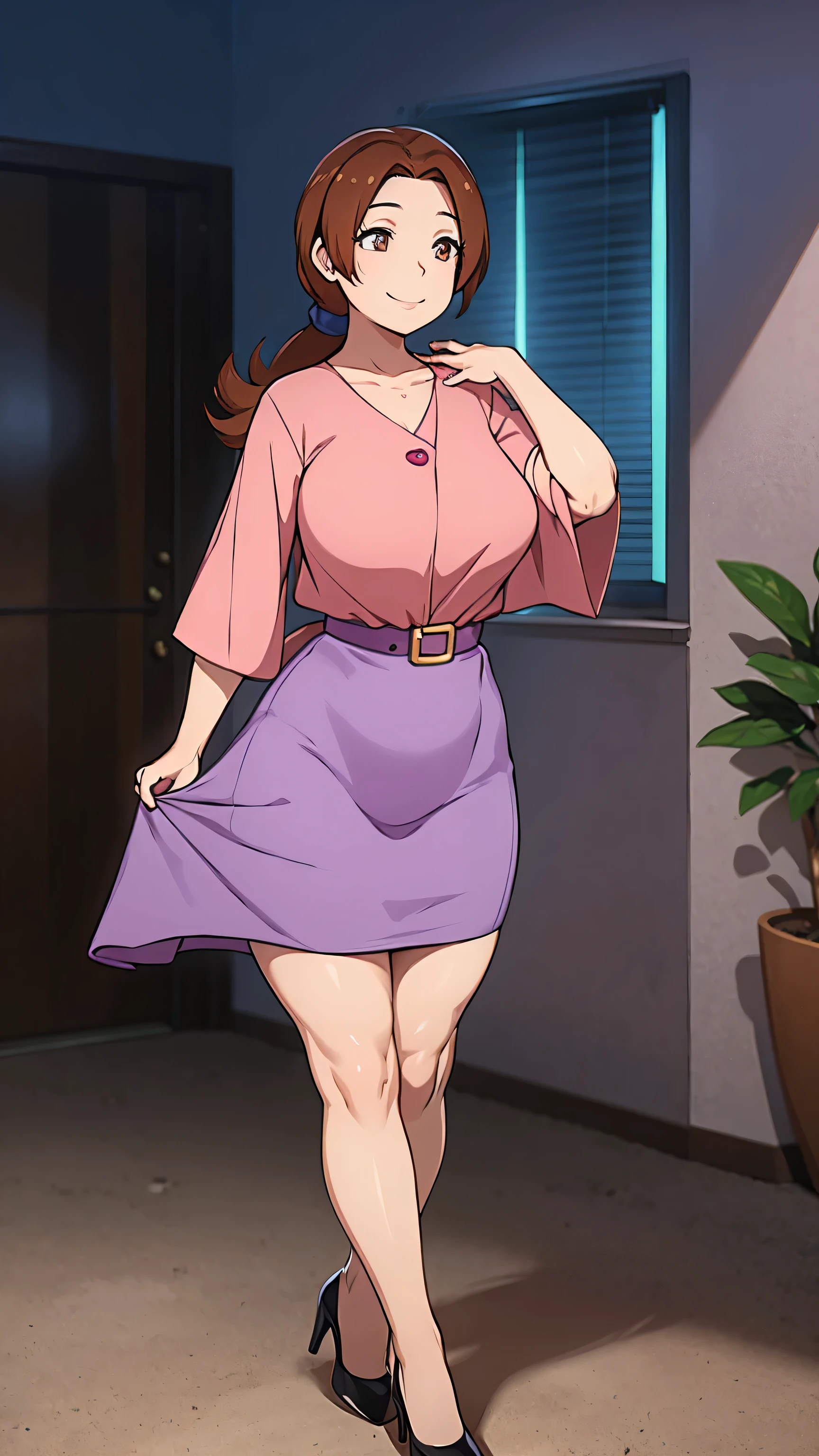 A beautiful woman Beautiful young attractive beauty happy smile big chest long brown hair tail in front of her brown eye dresses pink button blouse and her long light purple skirt wearing black heels