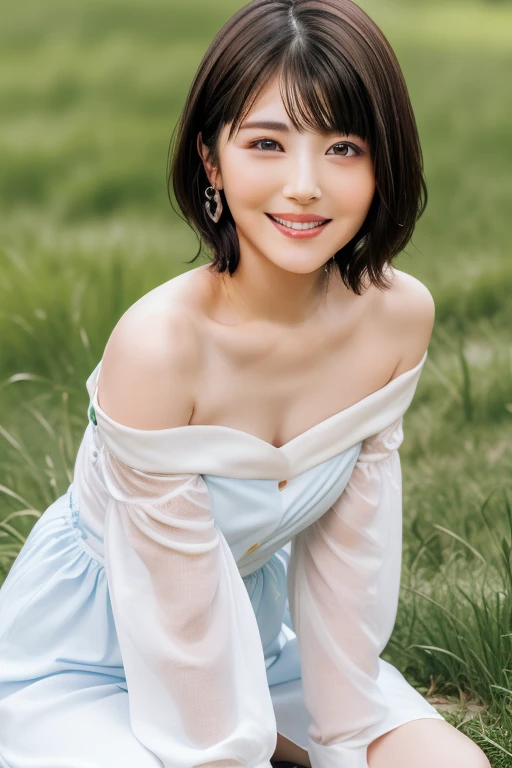 (highest quality:1.5)、(Realistic:1.5)、(1 person:1.5)、(Upper Body:1.5)、Very detailed、High resolution、8k wallpaper、、Small breasts、Natural color lips、Cute Smile、Japanese women、20-year-old girl、Beautiful and elegant face、Perfect and beautiful face、Big eyes、Brunette's eyes、Beautiful and elegant face、Natural double eyelids、Natural Bangs、Beautiful thin nose、Beautiful Skin、Chestnut Hair、Medium Bob Hair、short hair、Natural Bangs、Perfect and beautiful face、Slim face and figure、(Staring at the camera with a cute expression)、Bright lighting、Professional Lighting、Forward lighting、Cute Smile、Summer blue sky、Mountain Grass Park、Look at the viewers、Low angle composition、(Staring at the camera with a cute expression)、Bright lighting、Professional Lighting、Forward lighting、Cute Smile、Beautiful clavicle、Beautiful legs:1.2、Smooth skin、White floral dress、Off the shoulder、Sit on the grass、wariza, Place your hands between your legs、please sit down、Leaning forward、Shots from low angles、Sitting Girl、seiza、