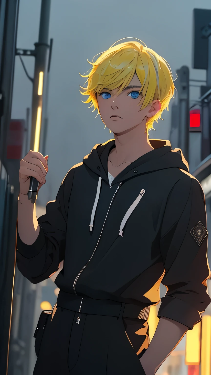 kk, best quality, more details, masterpiece, 1boy, boy, portrait, male focus, blue eyes, solo, fringe, looking at viewer, hood, short hair, rain, tokyo tokyo \(city\), hood, nail polish, Yellow hair, luxurious, 8k, detailed, ray tracing, depth of field, cinematic lighting, standing, full body.
