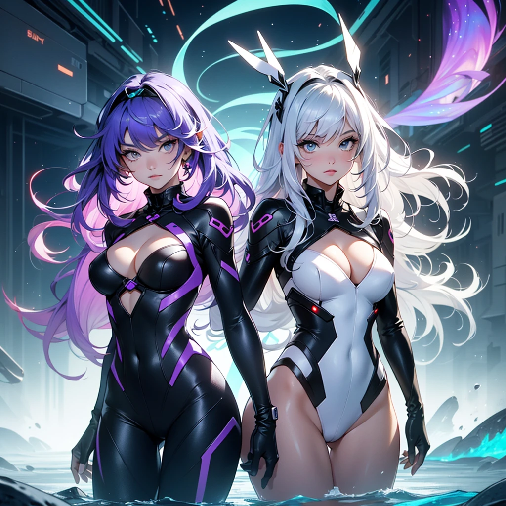 best quality, 32k, high resolution, ultra-detailed, extremely detailed, top quality, Superb Quality, Captivating Visual Treat,looking at viewer, multiple girls, BREAK Cryptic Girl: SF costume, (Purple White Gradient Long Hair:1.5), Indifferent, Kind, BREAK SeaArt Girl: (Cyan Tornado Hair:1.5), cyber costume, Baetiful Undine, BREAK 2girls, jewelry, medium breasts, dynamic action pose,