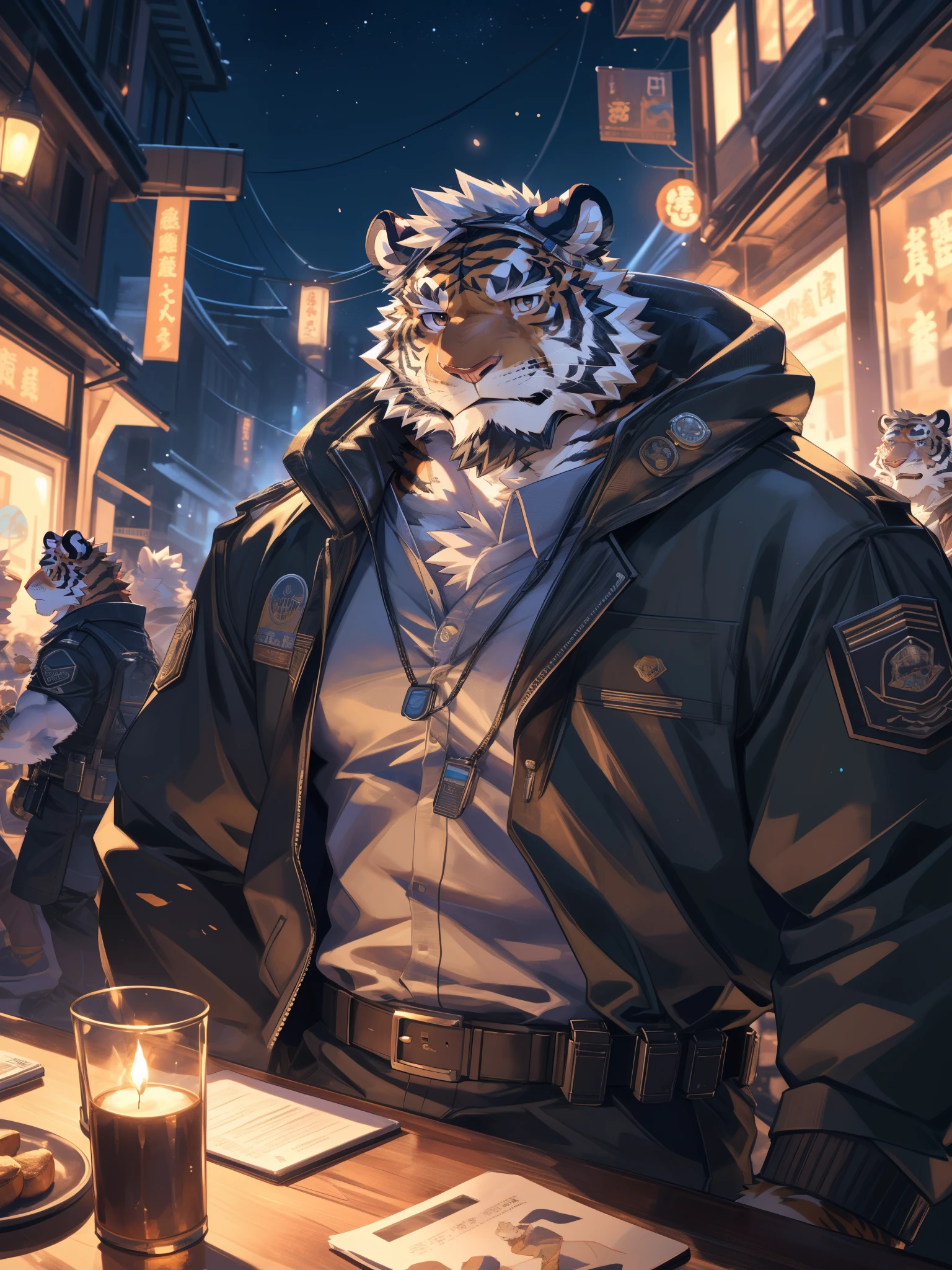 masterpiece,night,Anthropomorphic tiger,(((white hair))),male,26 years old,thick eyebrows,Light-colored fur,Strong body,pectoralis major,(((Future Mecha,Special Forces,A small amount of beard,Rounded face,Handsome))Sweating,serious,Look at the audience,Black eyes,strong,Full body image,(((Detailed character description))),Orange blue casual clothing,Tiger logo,White sports cap with tiger logo,orange headphones),((Domestic tiger,Future simulation tiger beastman mimic)Plush fur,hairy,),Bokeh,(high quality,High resolution ears,masterpiece),(Static Lighting,Bright colors),(calm,微笑Look at the audience者,Clothes are slightly wrinkled,Sitting under a big tree in the park, wearing headphones, taking out my phone, searching for songs, listening to music, and enjoying the cool),(Face Focus),Full body view(Close-up of face,Bottom view,full-body shot,Long-range shooting),comics,author:Takemoto Arashi,You Zixiong,By Chunni,By Konggui,(background:Sit and rest under the tree1.5)