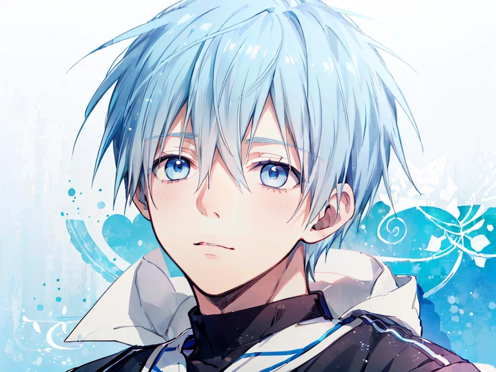 ((highest quality, super detailed,detailed eyes:1.3)),(((total 1 boy:1.2))),cool face,light blue hair,short,hair,light blue eyes,kuroko tetsuya,(black and White basketball uniform:1.2),(aqua blue aura background:1.1),(from side,portrait,face focus,looking at viewer:1.1)