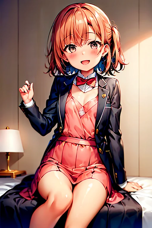 ((highest quality)), ((masterpiece)), (be familiar with), Perfect Face, indoor, Bedroom, Watching the audience,
One woman, Yuigahama Yui,
Open Mouth, Ecstatic expression, blush, smile,
Small breasts, Flat Chest, Young Girl, , , Girl,
Short Hair, Salmon-colored hair, Salmon-colored eyes, Side Pony,
Leg spread,