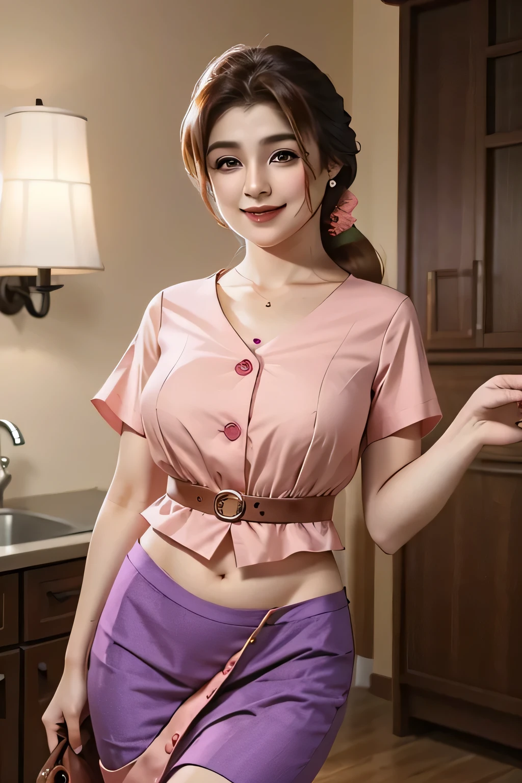 A beautiful woman Beautiful young attractive beauty happy smile big chest long brown hair tail in front of her brown eye dresses pink button blouse and her long light purple skirt wearing black heels 