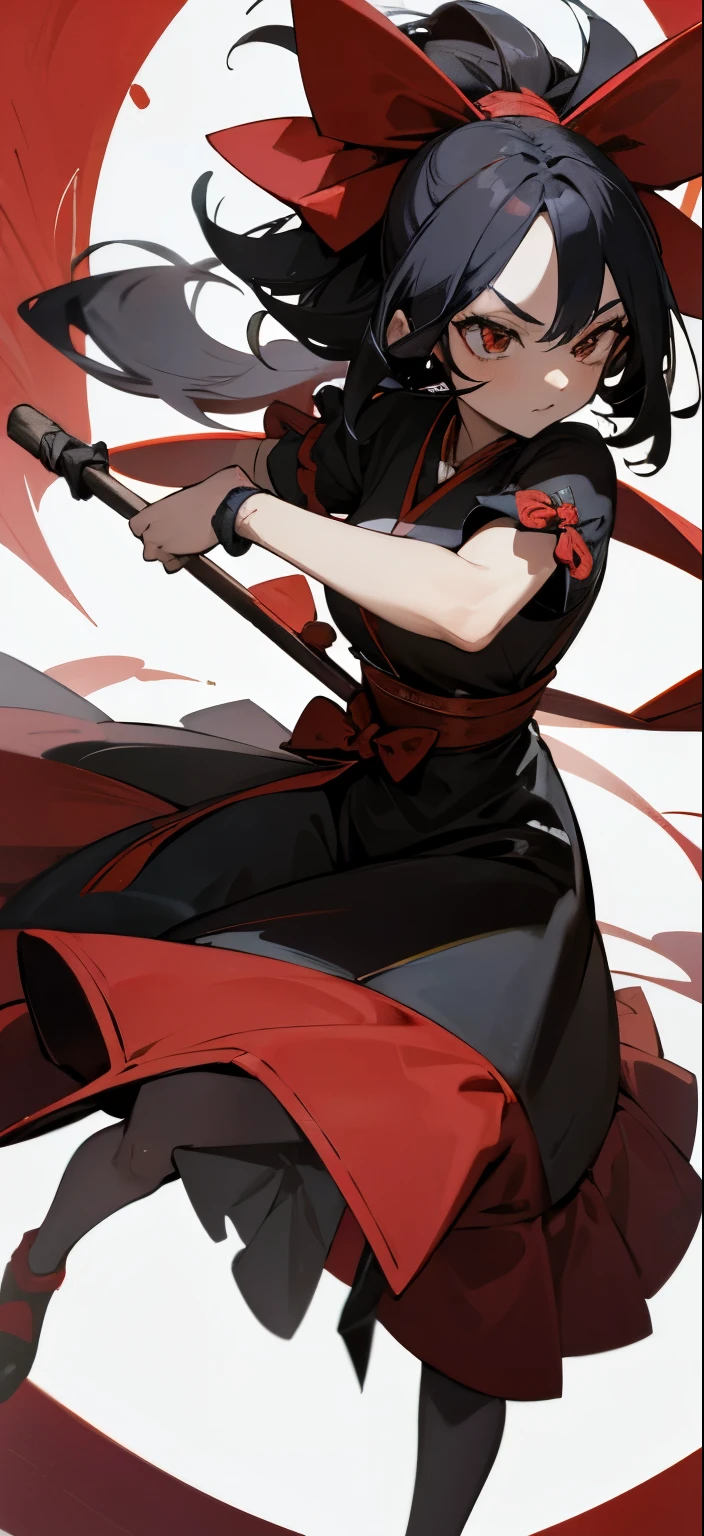uma mulher , japonesa , cabelo preto. Cabelo liso , extremamente detalhado , fofa , delicada , bonita , chamativa , olhos pretos , is wearing a black and red dress , is using a bow ,
