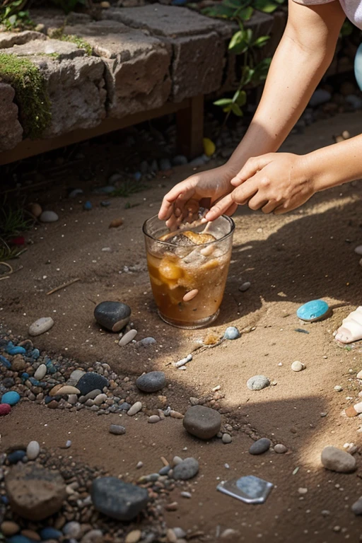 "festa de aniversario" uma festa ,the punch jug fell to the ground and mixed with pebbles from the garden. Parents need to clean up the mess and separate the rocks from the liquid to continue the party.. gera a imagem com forme o texto