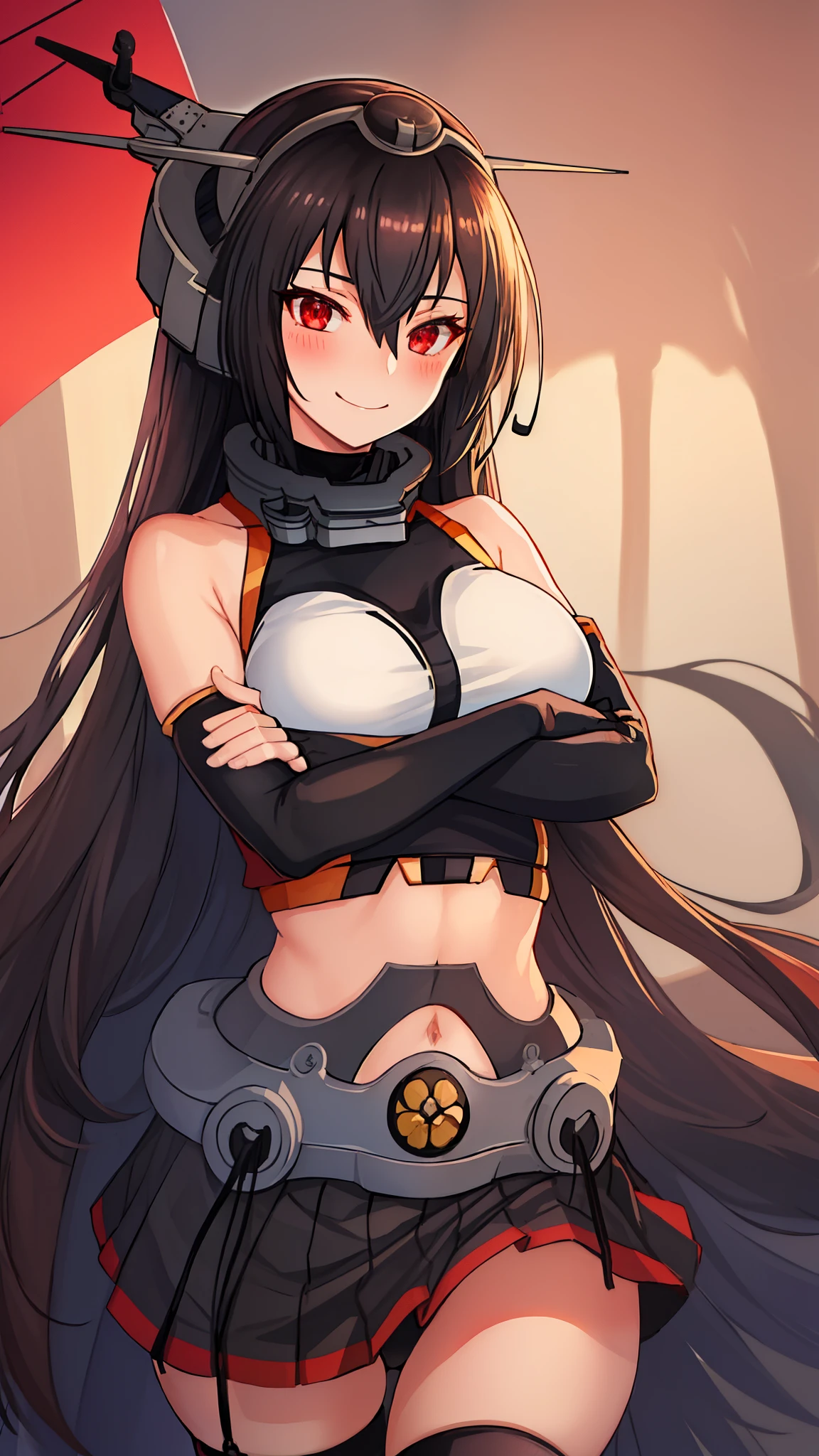 best quality, masterpiece, highres, solo, {nagato_kantaicollection:1.15}, black_hair, long_hair, red_eyes, breasts, hair_between_eyes, headgear, large_breasts, smile, 1girl, bare_shoulders, elbow_gloves, gloves, hairband, fingerless_gloves, looking_at_viewer, navel, blush, crossed_arms, midriff