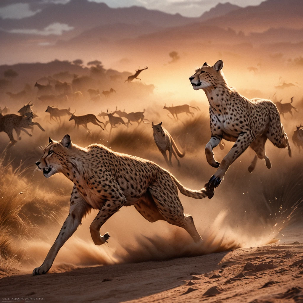 (best quality,4k,8k,highres,masterpiece:1.2),ultra-detailed,(realistic,photorealistic,photo-realistic:1.37),cheetah chasing Impala,high-speed motion blur,fast, agile cheetah,quick, panicked Impala,grasslands of Africa,savannah ecosystem,dry, golden plains,vibrant wildlife,thrilling chase,explosive energy,heart-pounding pursuit,action-packed scene,aquiline cheetah body,sharp claws,rippling muscles,graceful leap,fluid movements,graceful Impala leaps,graceful long legs,serene Impala antelope,resilient prey,game of survival,natural instincts at play,ferocious predator,hunt or be hunted,exhilarating hunt,leap for survival,stunning wildlife photography,natural beauty of Africa,sunset colors painting the sky,dramatic lighting,immersive atmosphere,vivid colors blend seamlessly,majestic creatures in their natural habitat,transformative chase sequence,fast-paced motion,stunning visual narrative,captivating moment frozen in time.