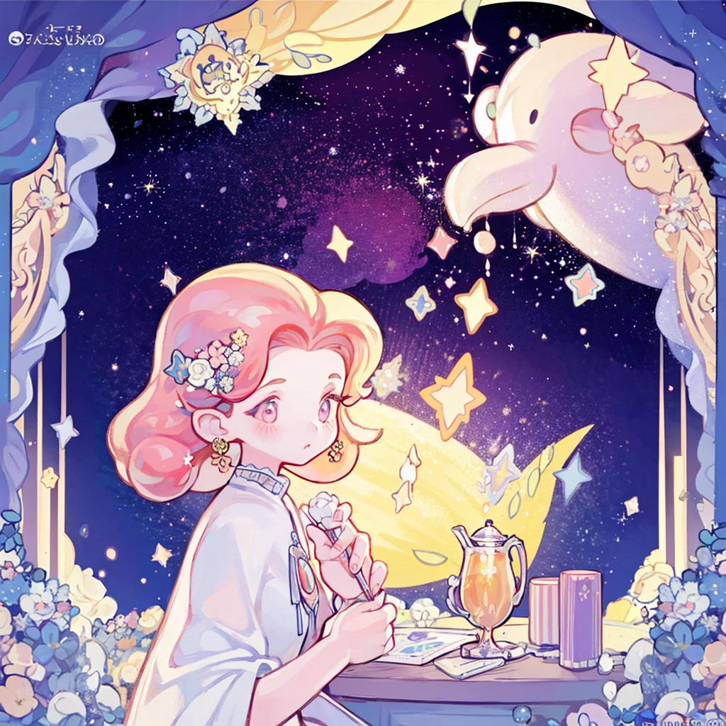 complex background, wishing star background, a woman wearing an ethereal mystical pink translucent dress that reflects the stars, perfume promo art, mystic, complex drawing, highly detailed, Covergirl brand, promo art, artistic rendition, ethereal, starry night, midjourney style