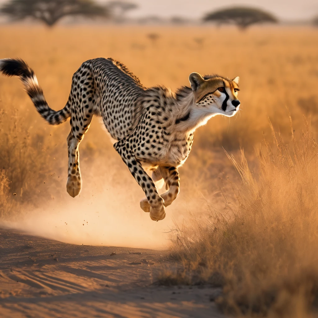 (best quality,4k,8k,highres,masterpiece:1.2),ultra-detailed,(realistic,photorealistic,photo-realistic:1.37),cheetah chasing Impala,high-speed motion blur,fast, agile cheetah,quick, panicked Impala,grasslands of Africa,savannah ecosystem,dry, golden plains,vibrant wildlife,thrilling chase,explosive energy,heart-pounding pursuit,action-packed scene,aquiline cheetah body,sharp claws,rippling muscles,graceful leap,fluid movements,graceful Impala leaps,graceful long legs,serene Impala antelope,resilient prey,game of survival,natural instincts at play,ferocious predator,hunt or be hunted,exhilarating hunt,leap for survival,stunning wildlife photography,natural beauty of Africa,sunset colors painting the sky,dramatic lighting,immersive atmosphere,vivid colors blend seamlessly,majestic creatures in their natural habitat,transformative chase sequence,fast-paced motion,stunning visual narrative,captivating moment frozen in time.