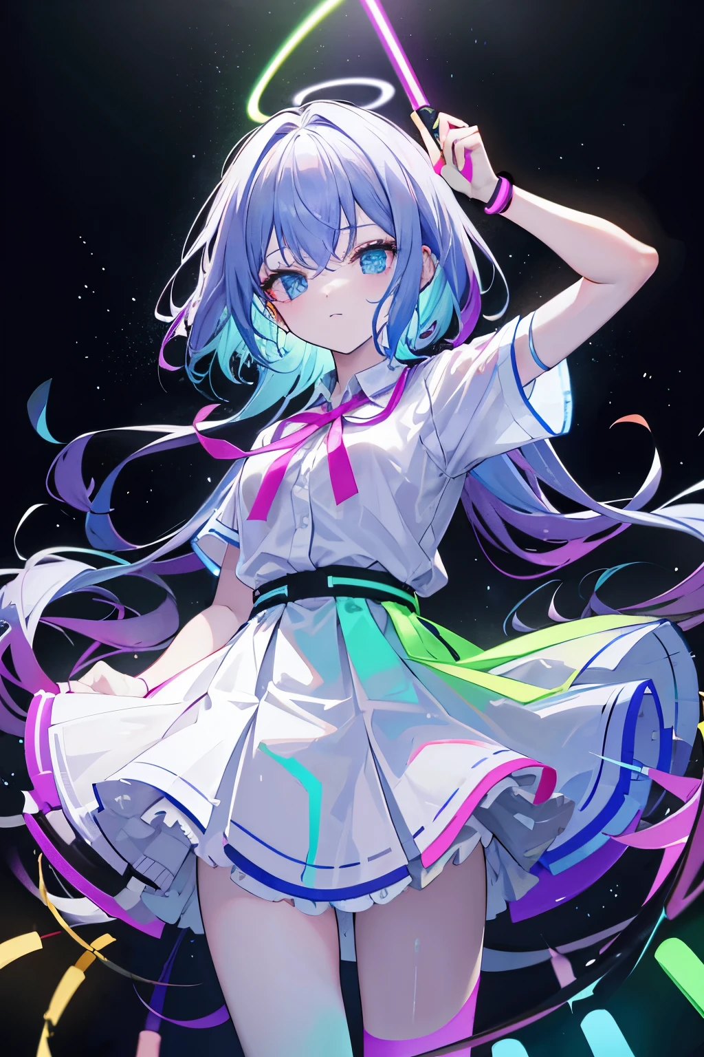 Glow sticks, choreographed dancing, in the dark, white shirt and colored checkered skirt, light trails, holding colored glow sticks with one in each hand.